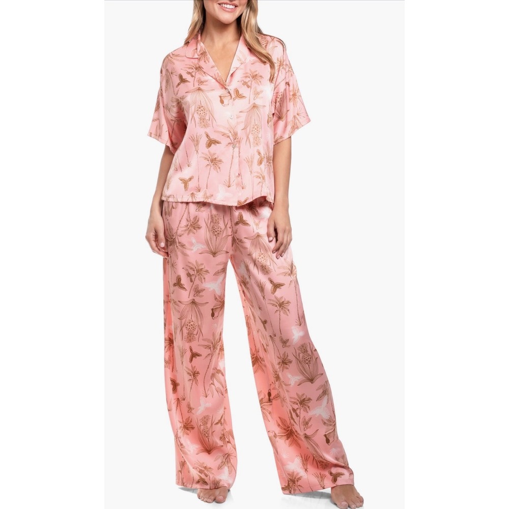 Midnight Bakery MSRP$82 Tropical Satin Pajama Set Short Sleeve Wide Leg Pants